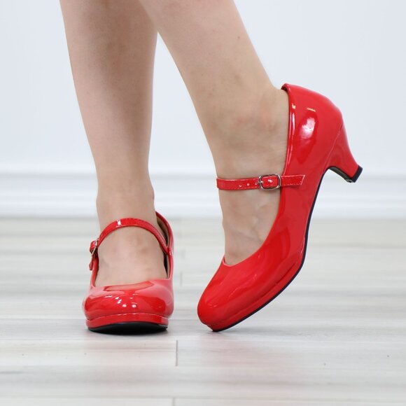 Red Patent Rockabilly Vintage Style Round Toe Kitten Low Heel Shoes - Picture 10 of 12